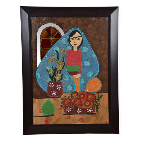 قاب و آئینه یا عکس نقاشی شده روی چوب فیروزه